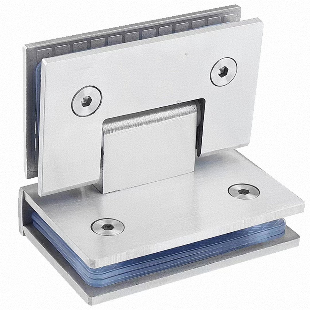 Shower door hinge for frameless glass enclosure